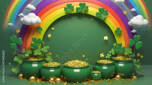 St Patrick's Day Irish Holiday Celebration Clover Leaf Hat Pot of Gold Rainbow Vector Illustration