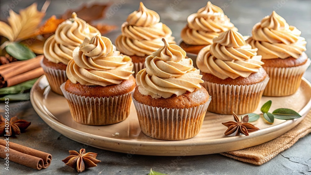 Delectable swirl topped cupcakes arranged on a wooden platter with cinnamon sticks and star anise, capturing the essence of a cozy autumnal celebration. Delectable swirl topped cupcakes arranged on a wooden platter with cinnamon sticks and star anise, capturing the essence of a cozy autumnal celebration.