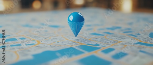 Closeup of blue map with pin on wide white background with mockup place, locator and GPS concept, 3D rendering photo