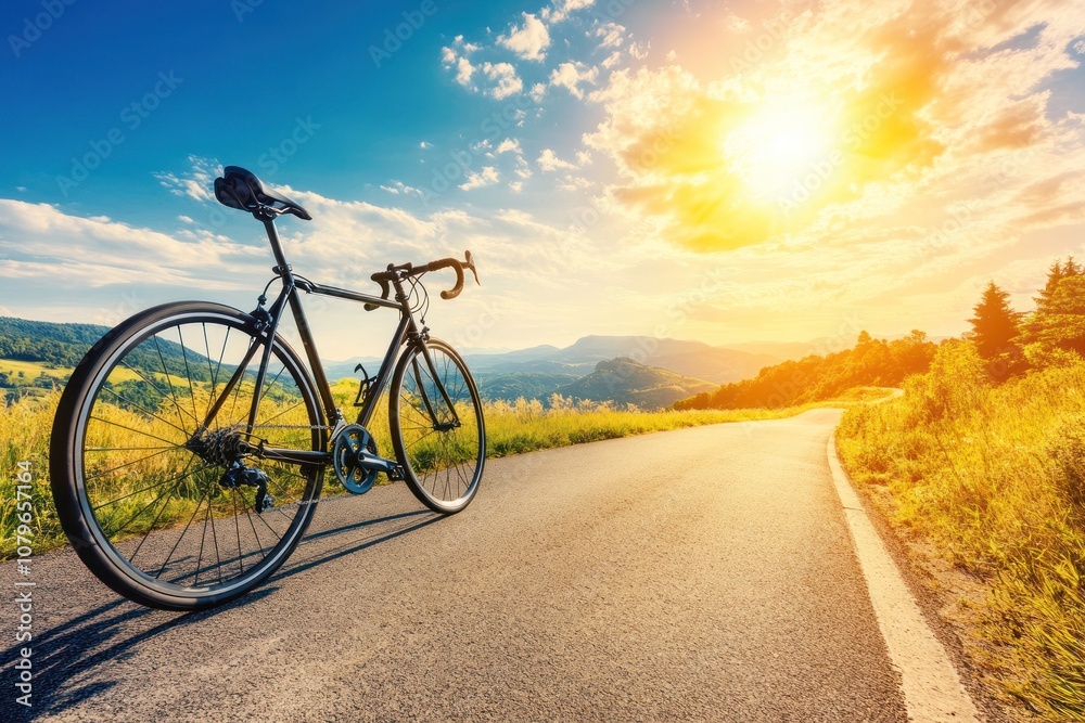 Fototapeta premium A black bicycle stands on a winding asphalt road in the countryside, facing towards a beautiful sunset.