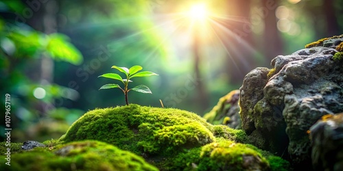 A New Beginning A Tiny Sapling Emerges From a Patch of Lush Moss Amidst Sun-Dappled Forest