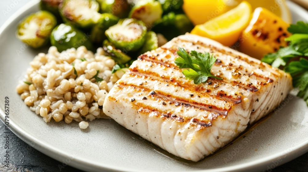 Grilled Fish with Lemon and Fresh Vegetables Plate Grilled Fish with Lemon and Fresh Vegetables Plate