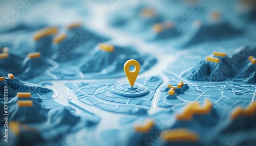 Closeup of blue map with pin on wide white background with mockup place, locator and GPS concept, 3D rendering photo