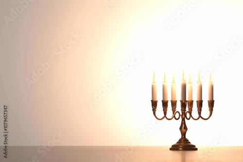 A bronze candelabra with several lit candles against a soft, illuminated background.