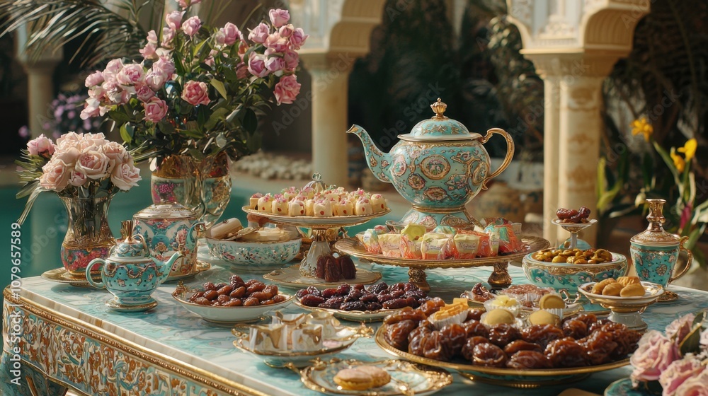 Fototapeta premium Elegant Dessert Table with Tea Set and Pastries