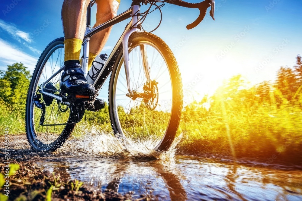 Naklejka premium Cyclist riding through a puddle on a dirt road, with the sun shining behind them.