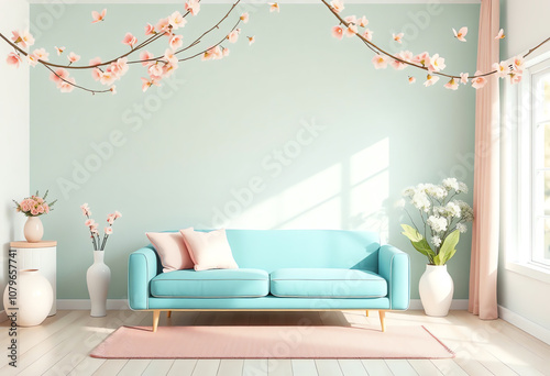 blank spring concept interior copy space scene. simple colorful interior with pastel wall and sofa