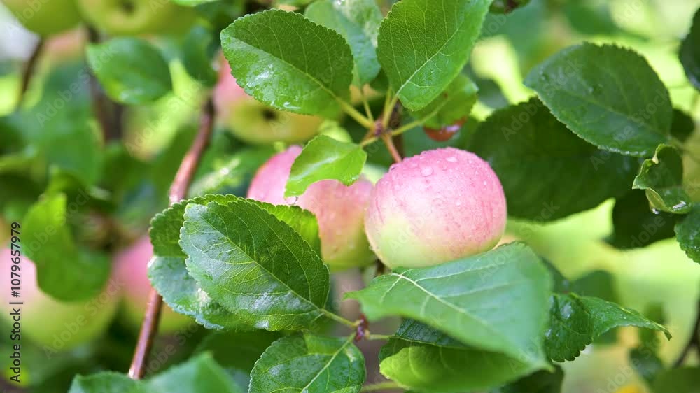 Red apples close-up on apple tree branch on bright sunny rainy day. Harvesting ripe fruit in an apple orchard. Growing fruit and vegetables in a homestead. Gardening and lifestyle of self-sufficiency. Red apples close-up on apple tree branch on bright sunny rainy day. Harvesting ripe fruit in an apple orchard. Growing fruit and vegetables in a homestead. Gardening and lifestyle of self-sufficiency.