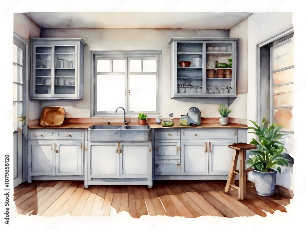 Fototapeta premium Cozy Kitchen Watercolor Art Simplicity Life