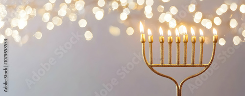 A menorah with lit candles against a blurred background of soft lights.