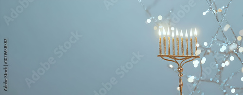 A menorah with lit candles against a soft blue background, symbolizing celebration and tradition.