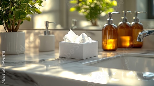 Display a clean white tissue box placed on a clean bathroom sink, surrounded by modern facilities and sparkling tiles that reflect soft natural light, creating a fresh and clean atmosphere.