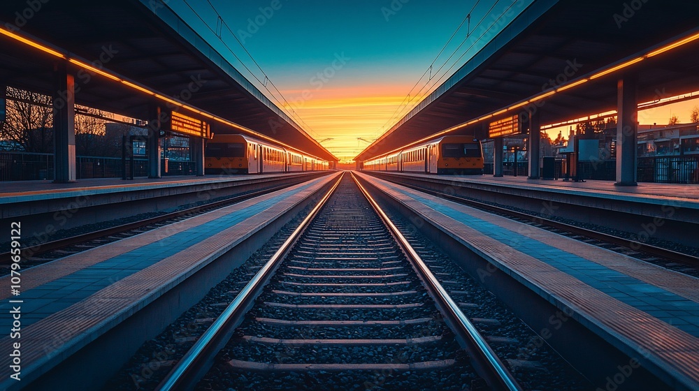 Train tracks leading towards a beautiful sunset. Train tracks leading towards a beautiful sunset.