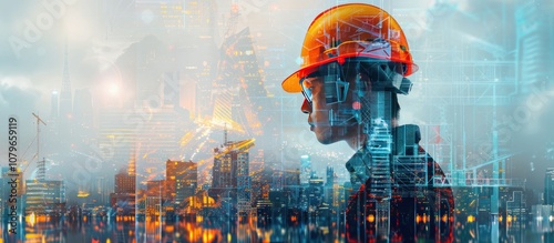 Construction Worker Overlaying Cityscape