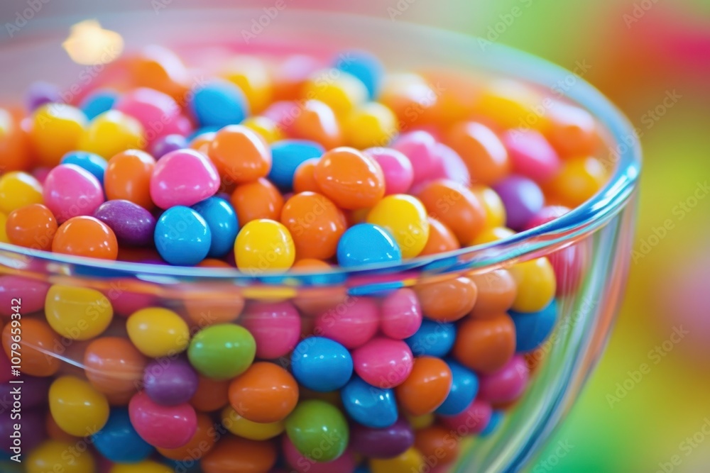 A glass bowl filled with colorful candy.