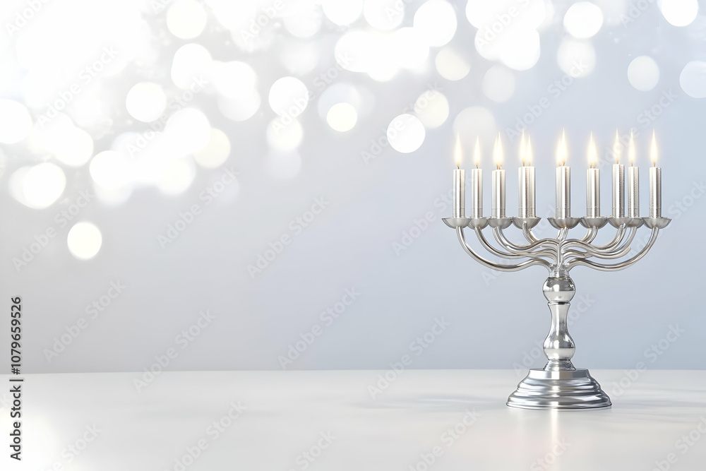 A silver menorah with lit candles against a blurred background of soft lights. A silver menorah with lit candles against a blurred background of soft lights.