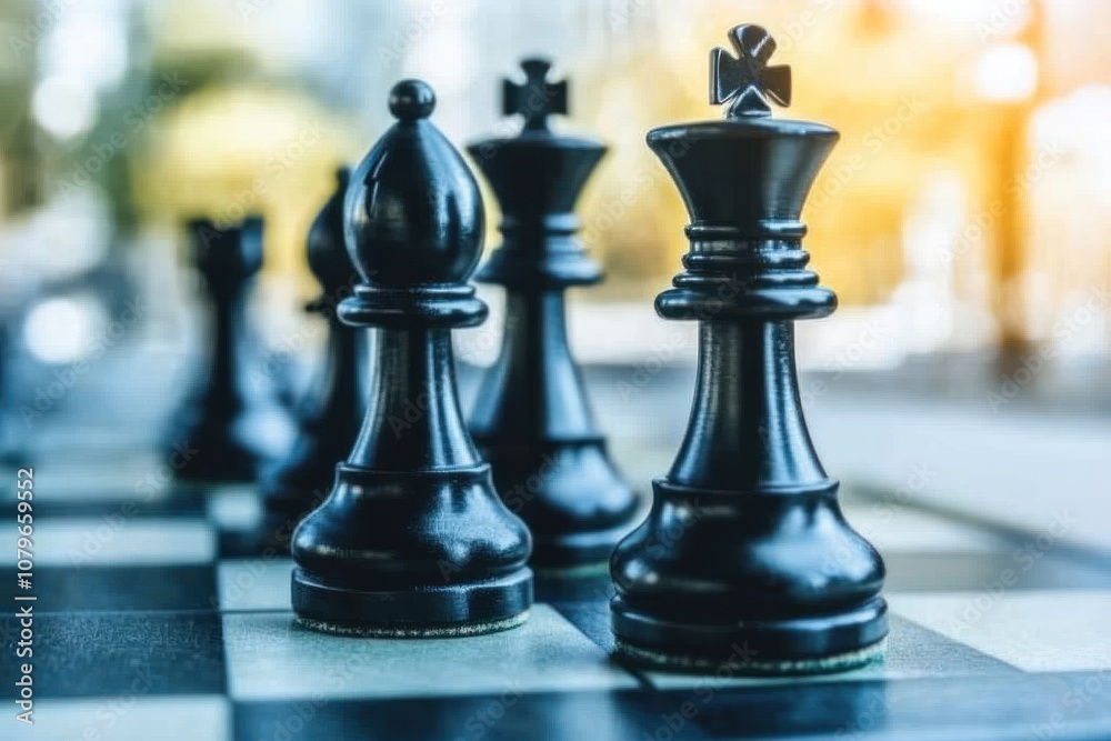 A close-up shot of a chessboard with black pieces in focus, including a bishop, a king, and a queen, in a game of strategy. A close-up shot of a chessboard with black pieces in focus, including a bishop, a king, and a queen, in a game of strategy.