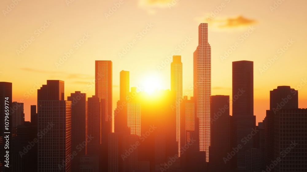 Economic Growth and Climate Change concept. A vibrant sunset silhouette over a modern city skyline, showcasing tall buildings against an orange and yellow sky. Economic Growth and Climate Change concept. A vibrant sunset silhouette over a modern city skyline, showcasing tall buildings against an orange and yellow sky.