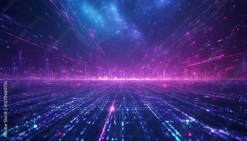 Futuristic grid landscape in retro 80s style, digital cyber surface with neon purple and blue glow, endless perspective, starry sky above, highenergy scifi vibe Futuristic grid landscape in retro 80s style, digital cyber surface with neon purple and blue glow, endless perspective, starry sky above, highenergy scifi vibe