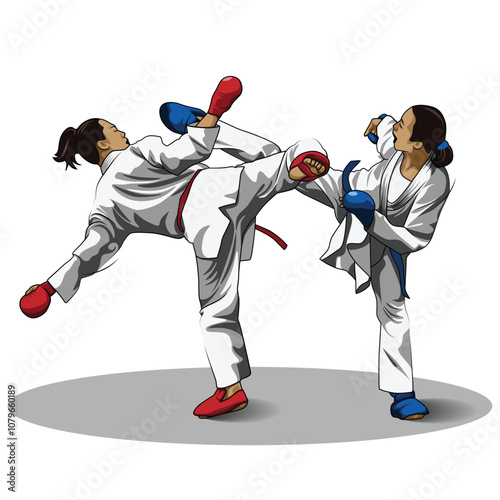 Two karate athletes are competing in kumite. Kumite is a fight in karate. isolated on white background.