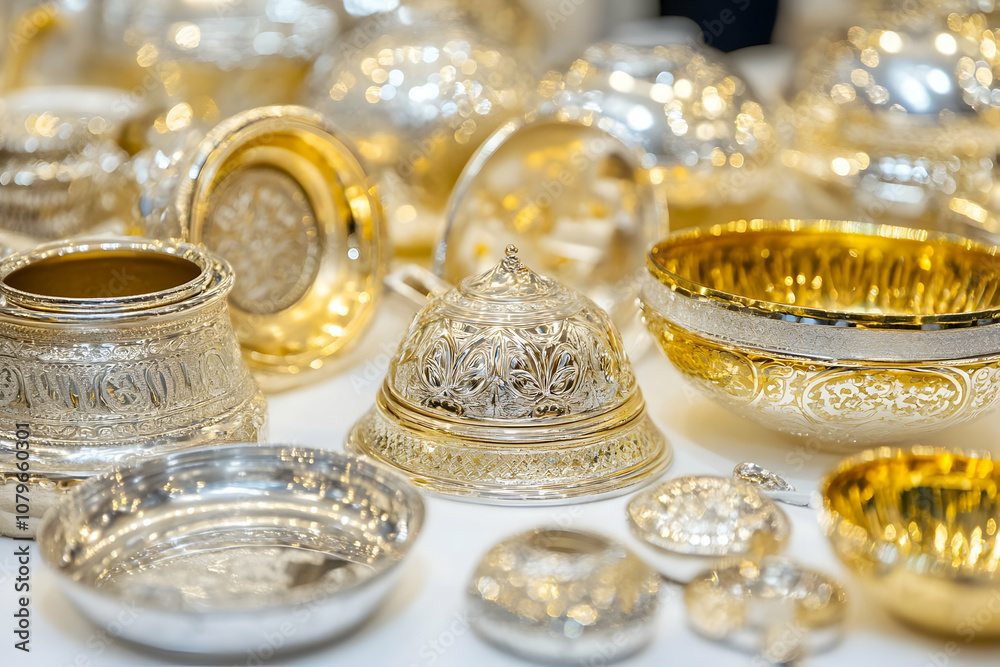 A collection of ornate silver and gold decorative tableware displayed elegantly. A collection of ornate silver and gold decorative tableware displayed elegantly.