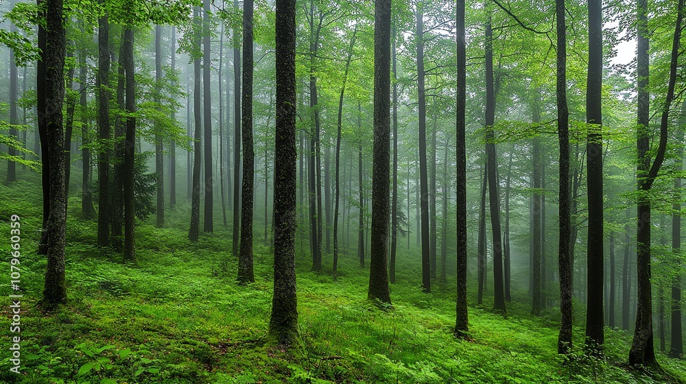 Fototapeta premium A misty forest with tall trees and lush greenery.