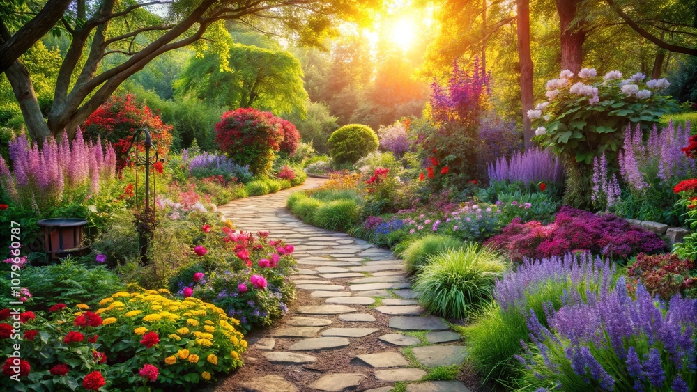 A Serene Stone Path Winding Through A Lush Garden With Vibrant Flowers Blooming In The Golden Sunlight A Serene Stone Path Winding Through A Lush Garden With Vibrant Flowers Blooming In The Golden Sunlight