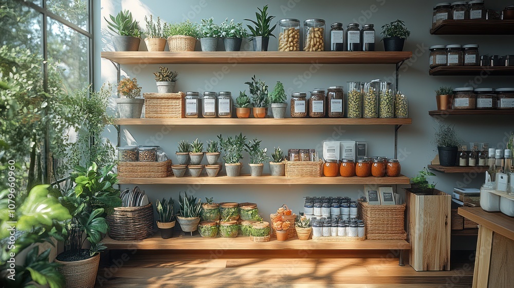 Well-stocked shelves in a modern, light-filled shop with various products and potted plants. Well-stocked shelves in a modern, light-filled shop with various products and potted plants.