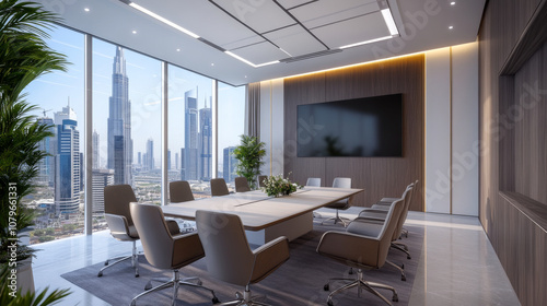 modern office meeting room with large table, stylish chairs, and stunning city view. bright space features greenery and contemporary design elements, creating inspiring atmosphere