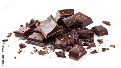 Rich, decadent dark chocolate with a hint of bitterness on a white background with ample copy space image