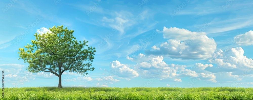 A solitary tree stands in a grassy field against a blue sky with white clouds. A solitary tree stands in a grassy field against a blue sky with white clouds.