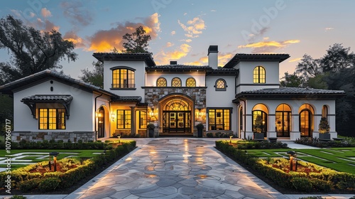 twilight view of elegant Spanish colonial home with white stucco and stone accents, arched windows, large yard, winding driveway, garden lights