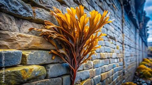 A single strand of seaweed clinging to the weathered facade of a stone wall, a testament to the enduring power of nature photo