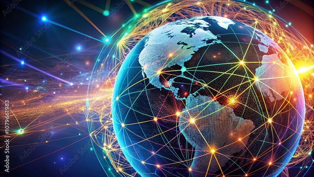 A luminous digital globe bathed in ethereal light, showcasing a web of interconnected lines radiating from its surface, symbolizing a global network of communication and technology. A luminous digital globe bathed in ethereal light, showcasing a web of interconnected lines radiating from its surface, symbolizing a global network of communication and technology.