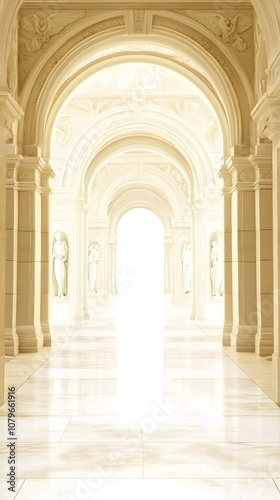 Grand Marble Archway with Angelic Carvings Glowing with Soft Light on White Background