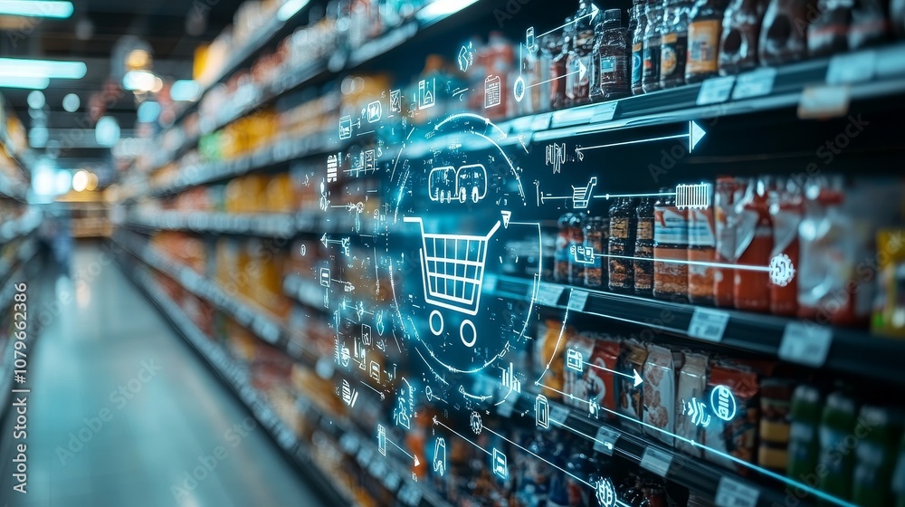 The digital network includes shopping cart, office, and supermarket icons, representing online grocery and e-commerce business technologies. Abstract concept of sales data analysis The digital network includes shopping cart, office, and supermarket icons, representing online grocery and e-commerce business technologies. Abstract concept of sales data analysis