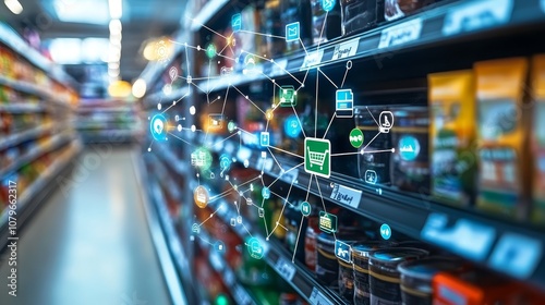 Wallpaper Mural The digital network includes shopping cart, office, and supermarket icons, representing online grocery and e-commerce business technologies. Abstract concept of sales data analysis Torontodigital.ca