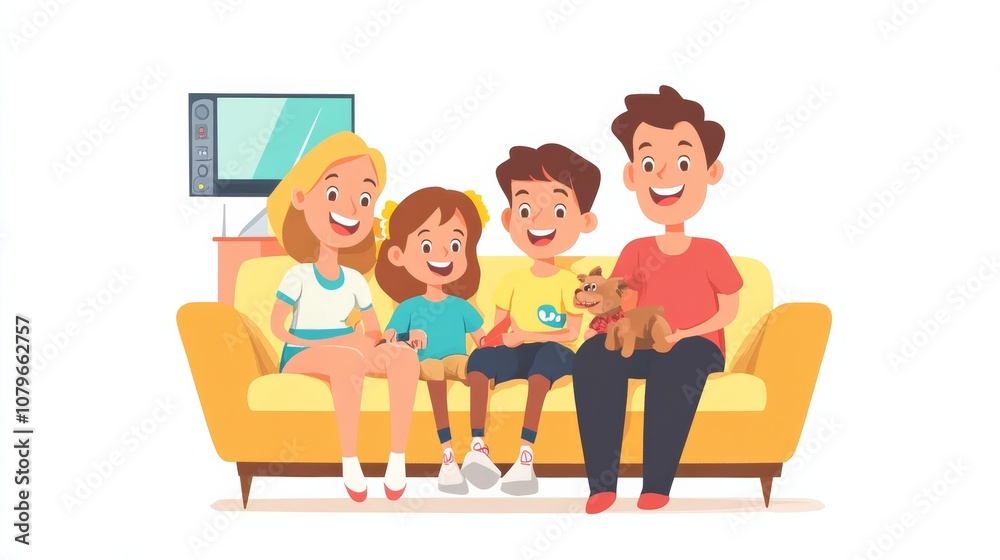 Smiling Caucasian family sitting on the couch and watching a comedy on the TV Smiling Caucasian family sitting on the couch and watching a comedy on the TV