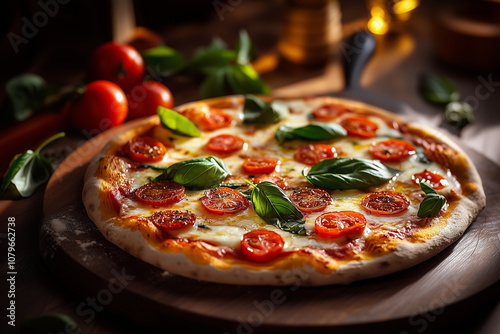 A gourmet pizza Margherita, golden crust, aromatic basil, melted mozzarella, vine-ripened tomatoes, olive oil drizzle, warm ambient lighting, in a rustic Italian pizzeria
