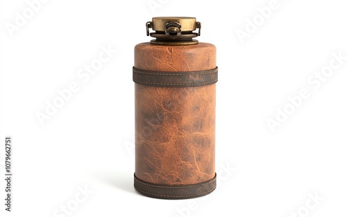 Vintage leather-covered thermos with brass lid on white isolate background.