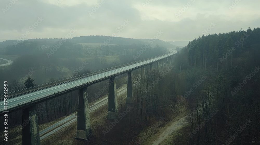 custom made wallpaper toronto digitalAerial View of a Long Abandoned Highway Bridge Surrounded by Misty Woods and Rolling Hills in a Sparse Landscape on a Cloudy Day