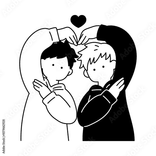 上半身でハートをつくる仲良しペア[男性]の単色イラスト

