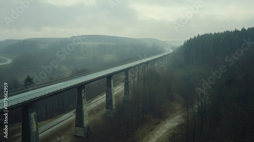 Wallpaper Mural Aerial View of a Long Abandoned Highway Bridge Surrounded by Misty Woods and Rolling Hills in a Sparse Landscape on a Cloudy Day Torontodigital.ca