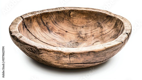 Rustic wooden bowl with a natural finish, showcasing intricate grain patterns, perfect for serving or decoration.