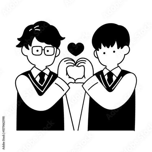 手でハートをつくる学生服の仲良しペア[男性]の単色イラスト

