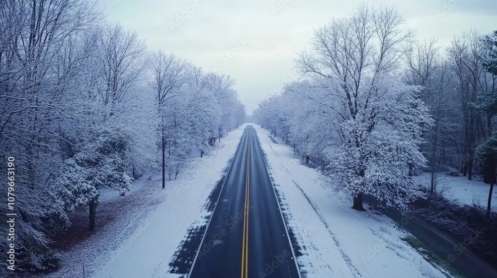 A Serene Aerial View of a Snow-Covered Road Surrounded by Frosty Trees in Winter, Invoking Peace and Tranquility in a Snowy Landscape A Serene Aerial View of a Snow-Covered Road Surrounded by Frosty Trees in Winter, Invoking Peace and Tranquility in a Snowy Landscape