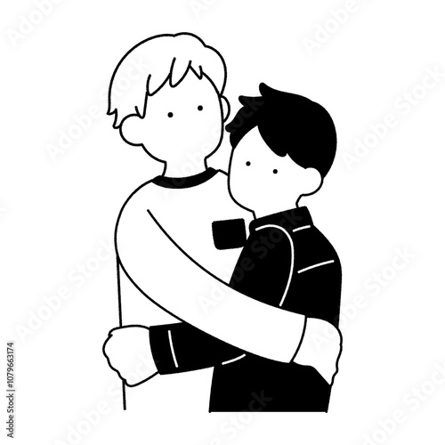抱き合う仲良しペア[男性]の単色イラスト
