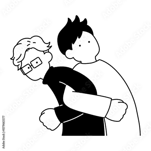 ストレッチをする仲良しペア[男性]の単色イラスト
