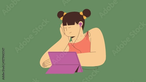 Cartoon Animation of Girls Using Tablet and Earphones