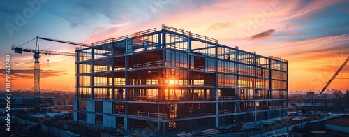 new modern steel and concrete commercial office building construction site at sunset